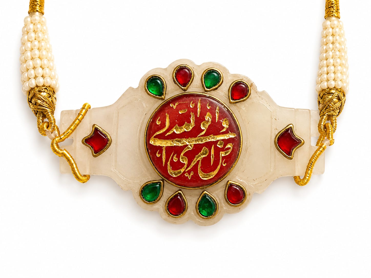 Mughal handmade islamic jade stone pendant studded with floral red precious stone